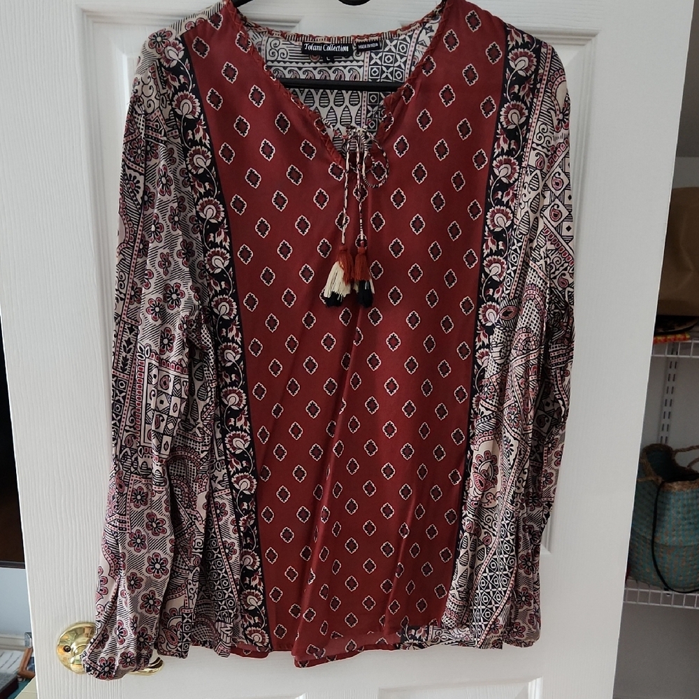 Tolani Collection Blouse Top V Neck w/ Tassel Ties Burgundy Blue Size L Modal